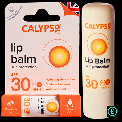 Calypso lip balm with SPF 30 sun protection packaging and product.