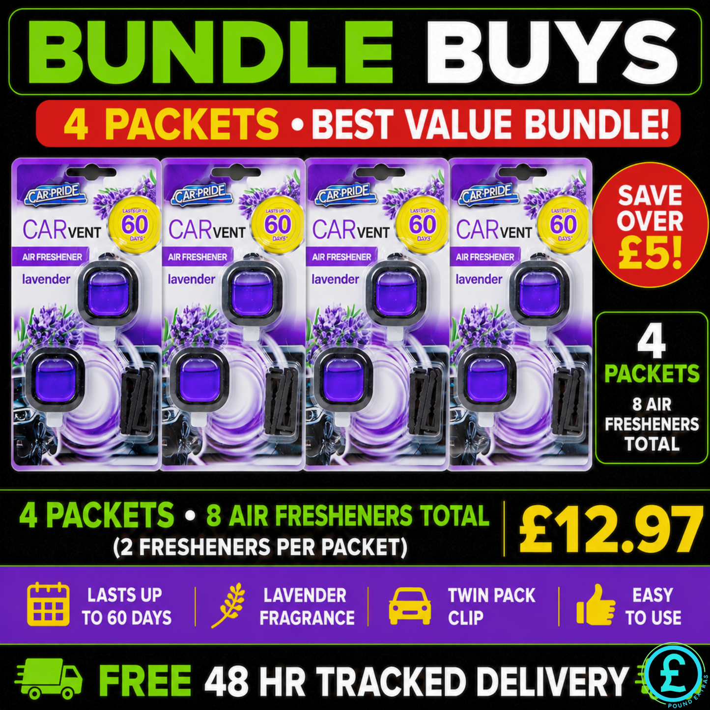 Car Pride lavender car vent air fresheners 4 pack Bundle Buys value deal with 8 air fresheners from Pound Extras