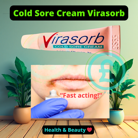 Cold Sore Cream Virasorb with a tube and application on lips, surrounded by plants and a wooden floor. poudextras.com