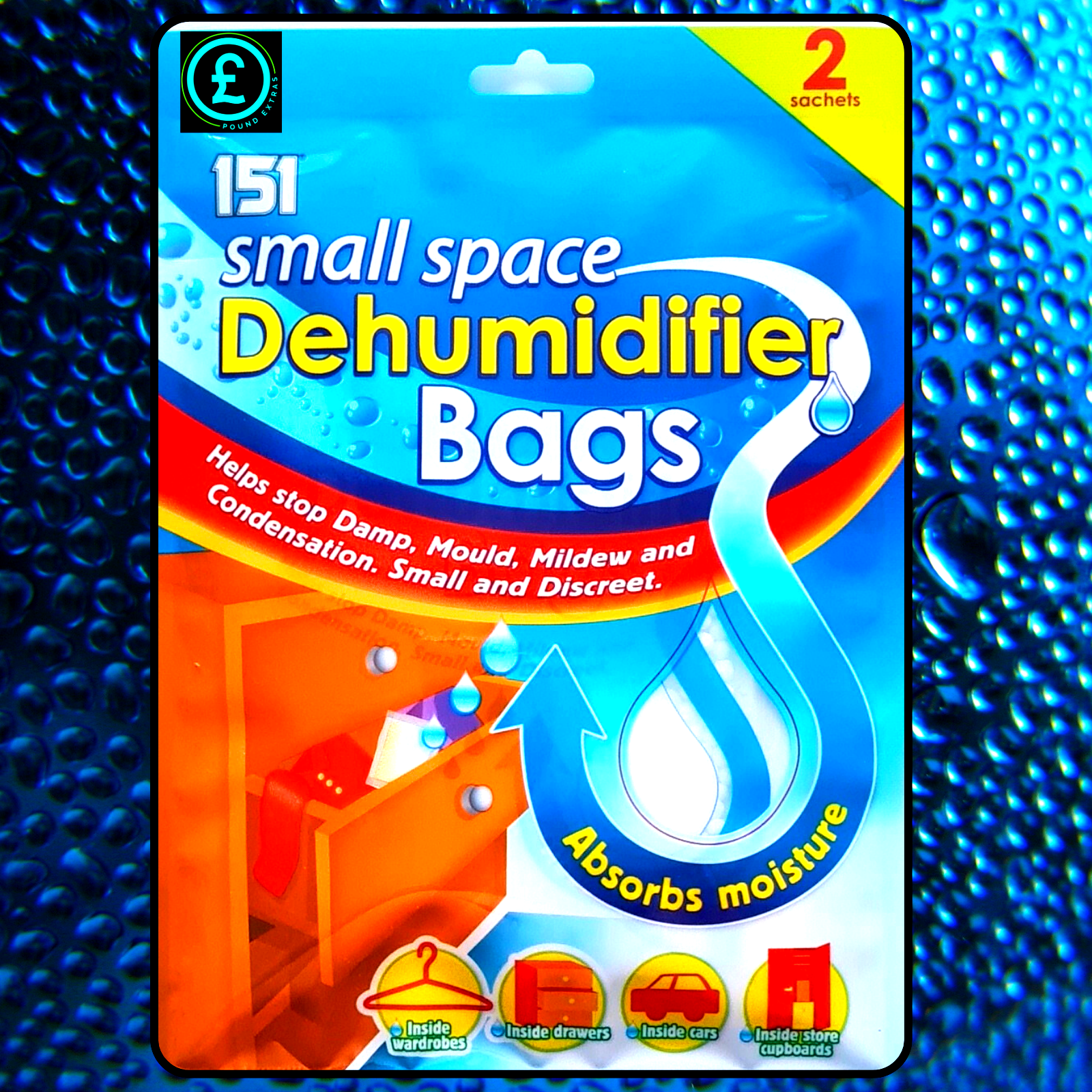 Pack of 151 small space dehumidifier bags with a blue and orange design on a textured blue background.