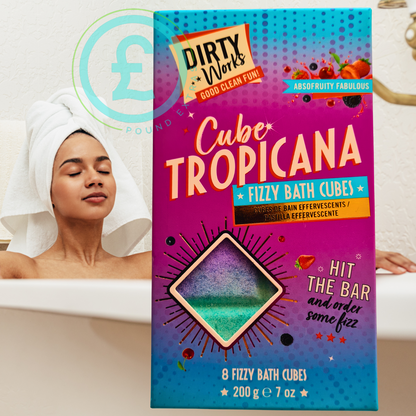 Box of Tropicana Fizzy Bath Cubes with a woman in a bathtub wearing a towel.