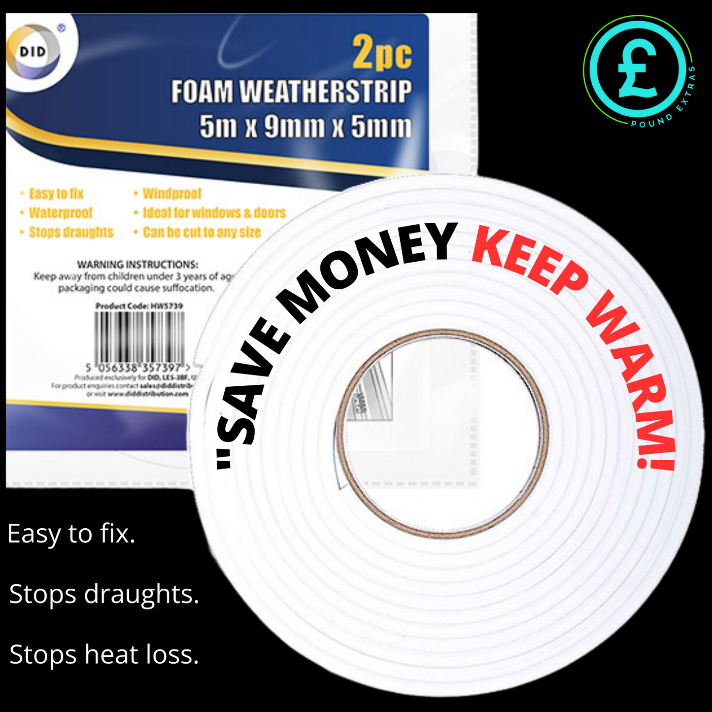 ❤️ POUND EXTRAS 😊 Foam Draft Excluder Strip 💚 5M weather seal insulation for windows & doors – blocks cold, saves energy & keeps your home cosy!