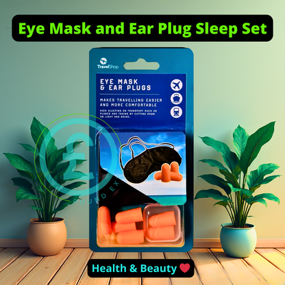 Packaged eye mask and ear plug sleep set with plants in the background poundextras.com