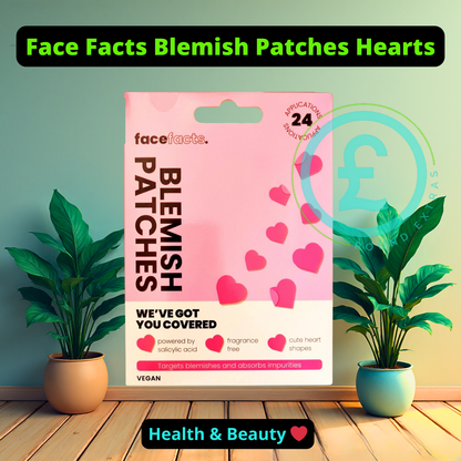 Pack of Face Facts blemish patches with pink hearts on a wooden floor with plants. poundextras.com