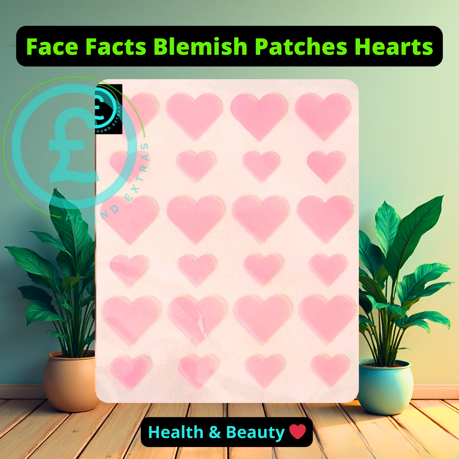 Pack of pink heart-shaped blemish patches on a wooden surface with plants in the background. poundextras.com