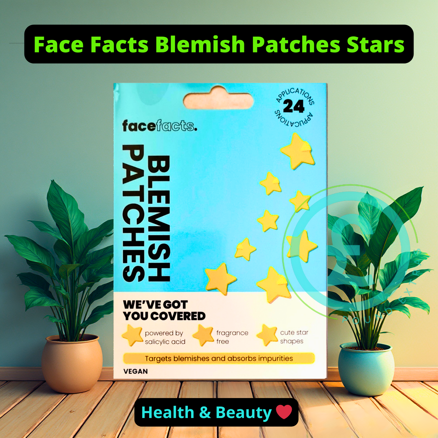 Packaging of Face Facts Blemish Patches with decorative elements on a wooden floor. poundextras.com