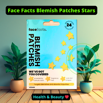 Packaging of Face Facts Blemish Patches with decorative elements on a wooden floor. poundextras.com