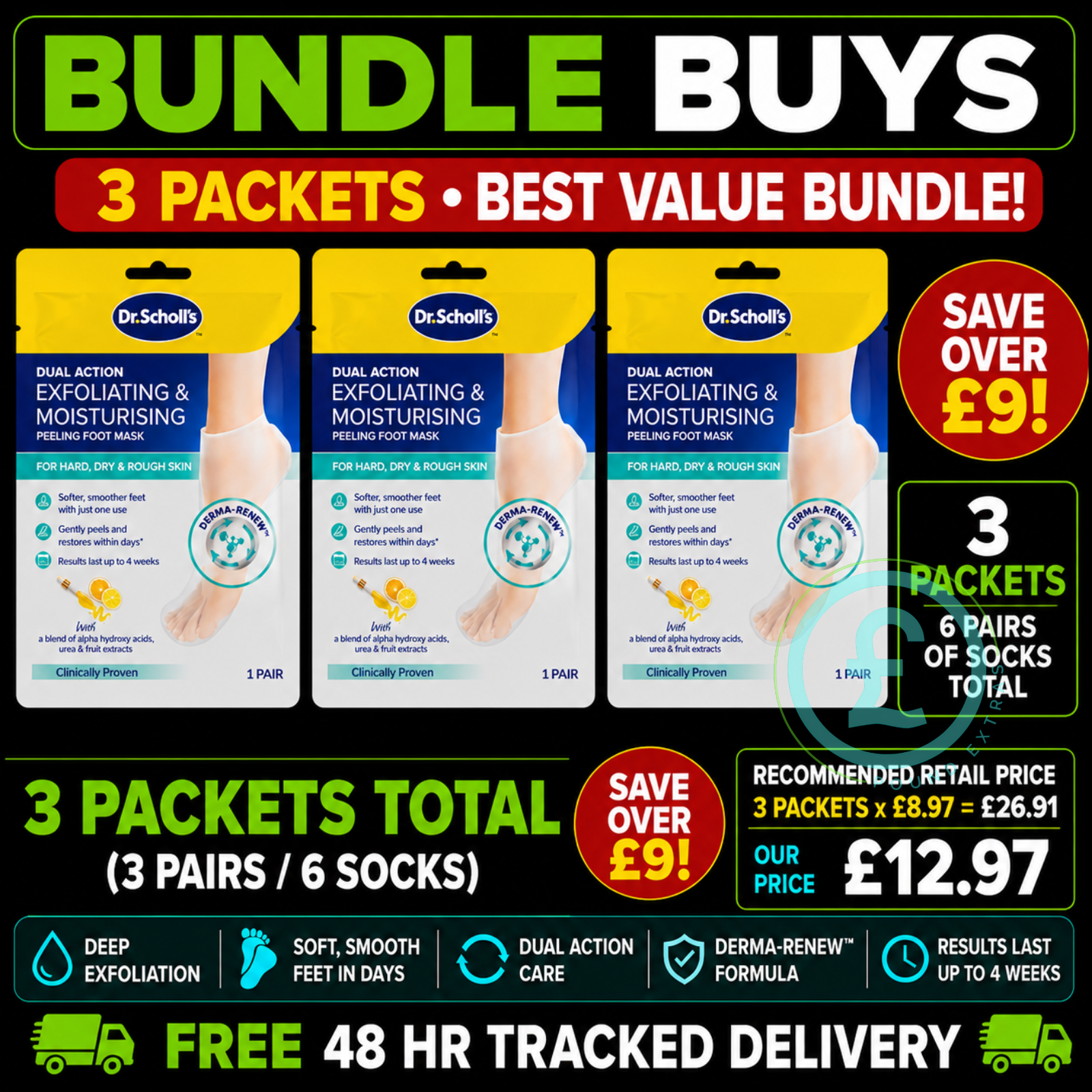 Dr Scholl foot peel mask 3 pack Bundle Buys exfoliating and moisturising foot care bundle from Pound Extras