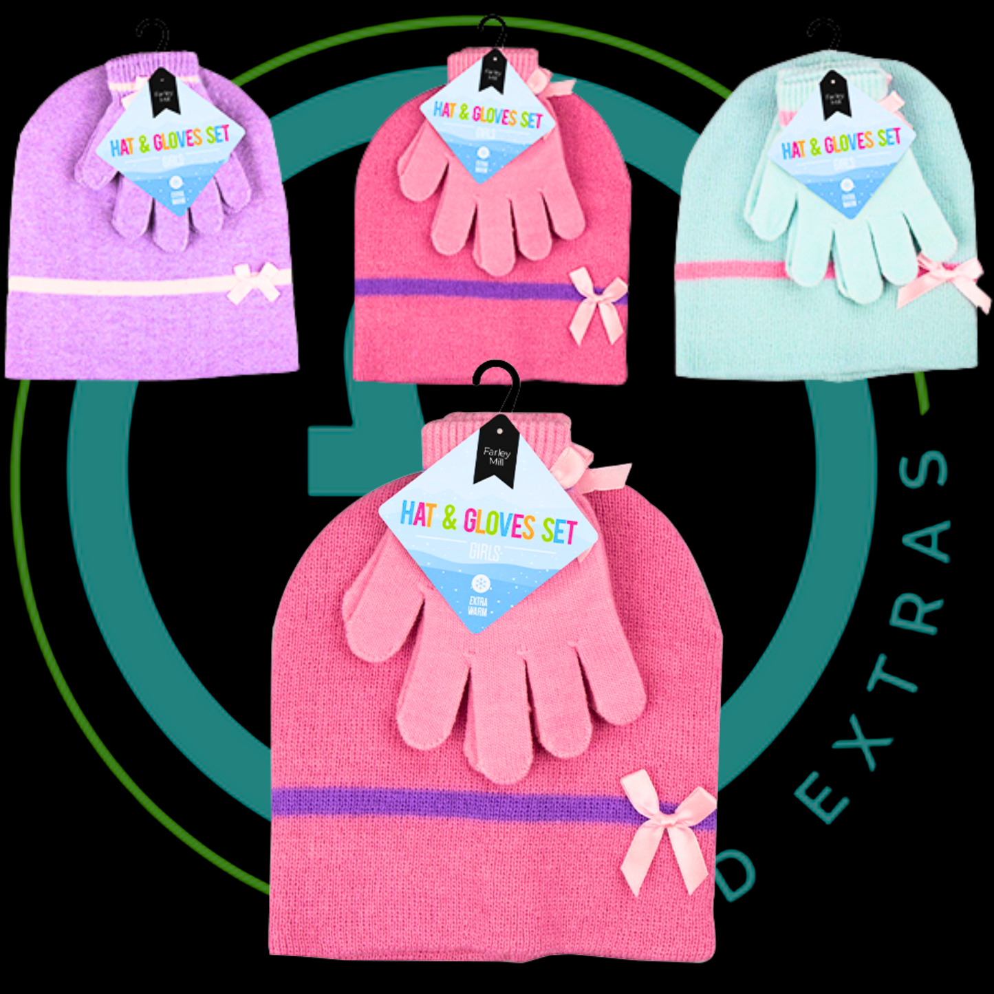 Set of colorful hats and gloves with decorative ribbons on a black background.