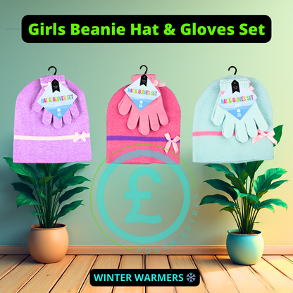 Girls Beanie Hat & Gloves Set Warm Winter Assorted Colours