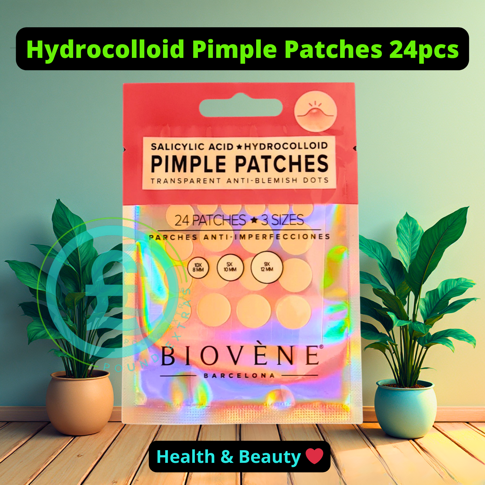 Packaging of Biovéne pimple patches with plants in the background pound extras.com