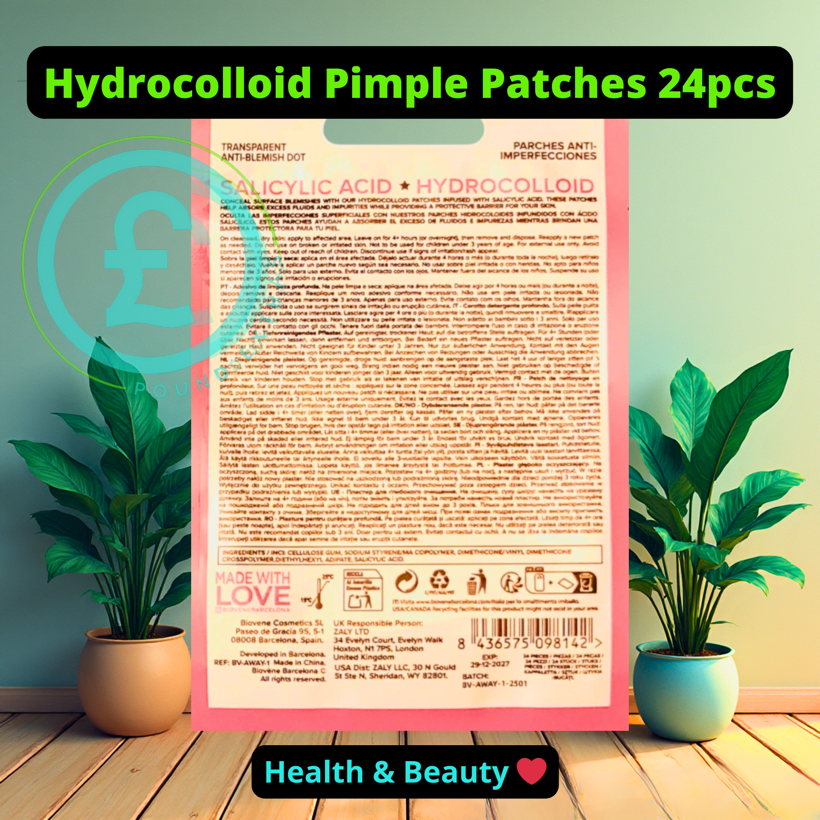 Packaging of Hydrocolloid Pimple Patches with text and branding on a wooden surface with plants.