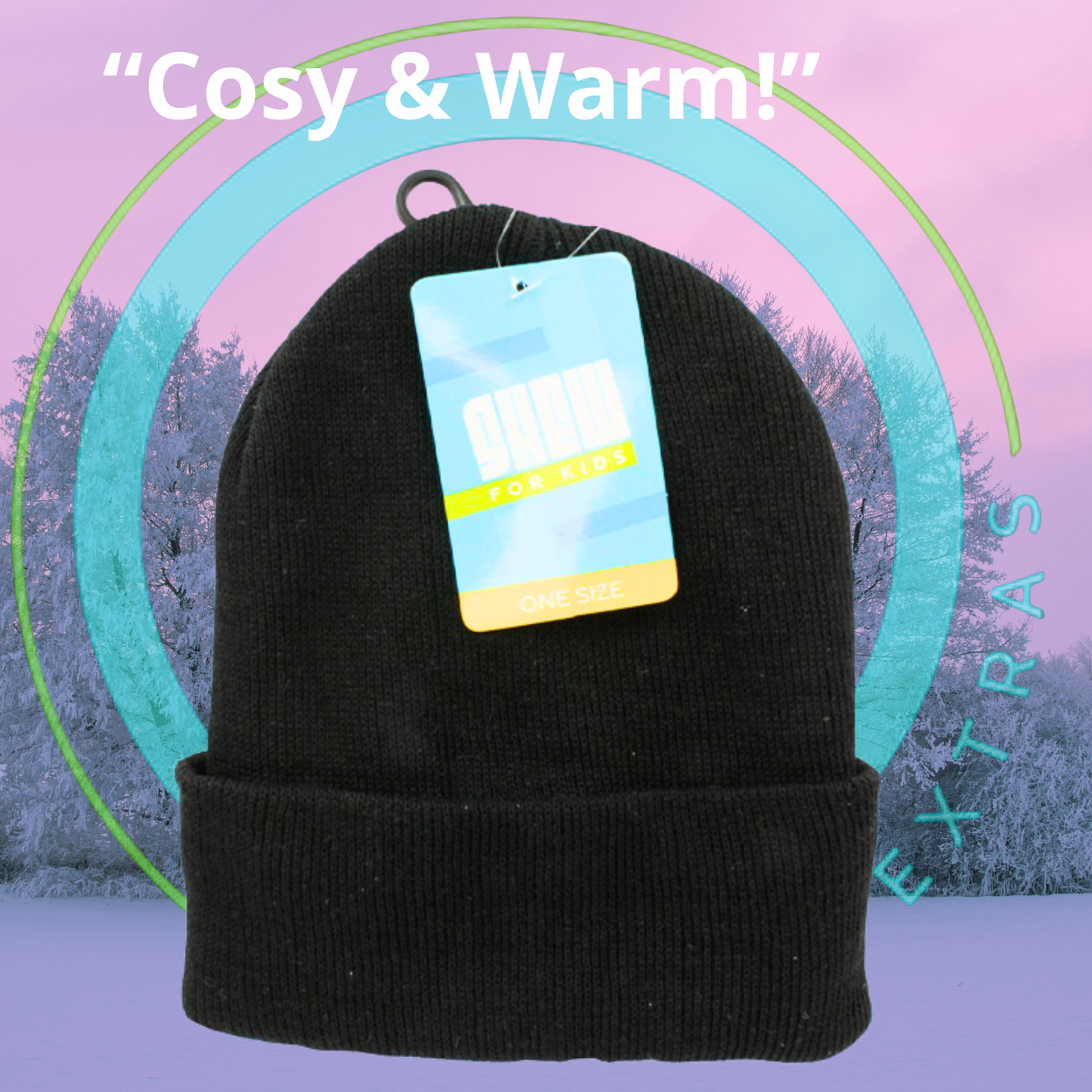 Black beanie with a tag on a snowy background with text 'Cosy & Warm' and 'Extras'.