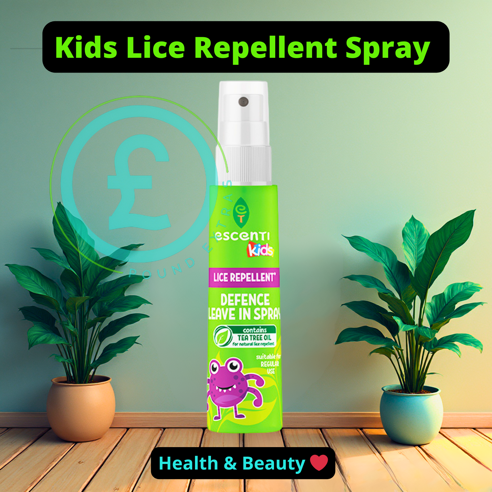 Descenti Kids Lice Repellent Spray bottle with plants on a wooden floor and green wall background. poundextras.com