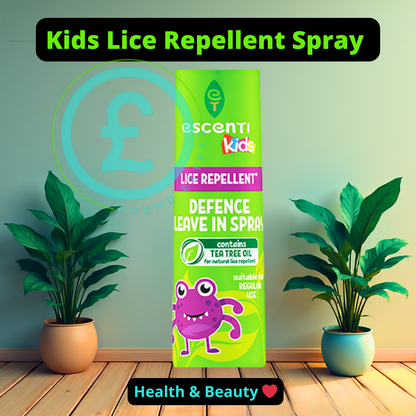 Escenti Kids lice repellent spray packaging with plants on a wooden floor. poundextras.com