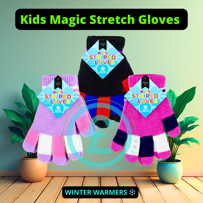 Children's striped gloves with packaging on a wooden floor and plant background, labelled 'Kids Magic Stretch Gloves'. poundextras.com