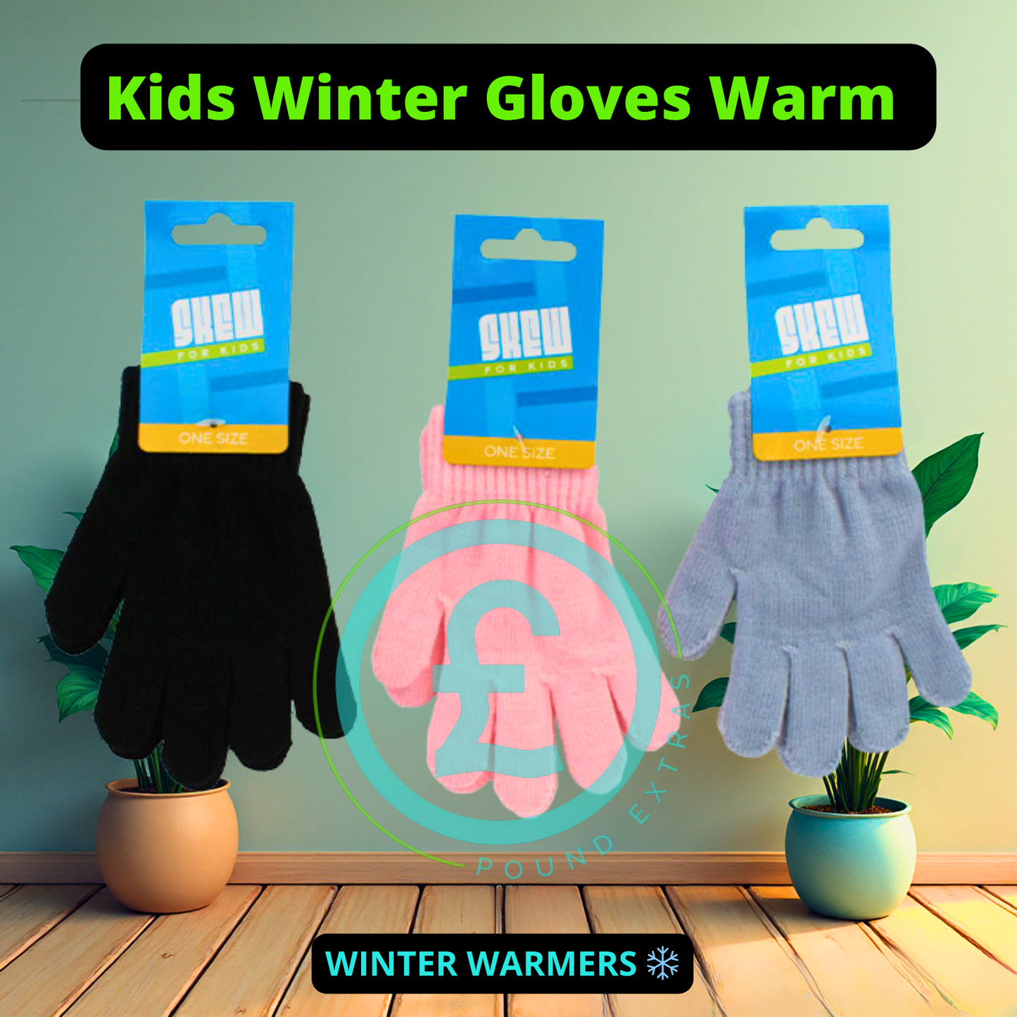 Three pairs of kids winter gloves in black, pink, and grey with 'Glow' packaging on a wooden floor. poundextras.com