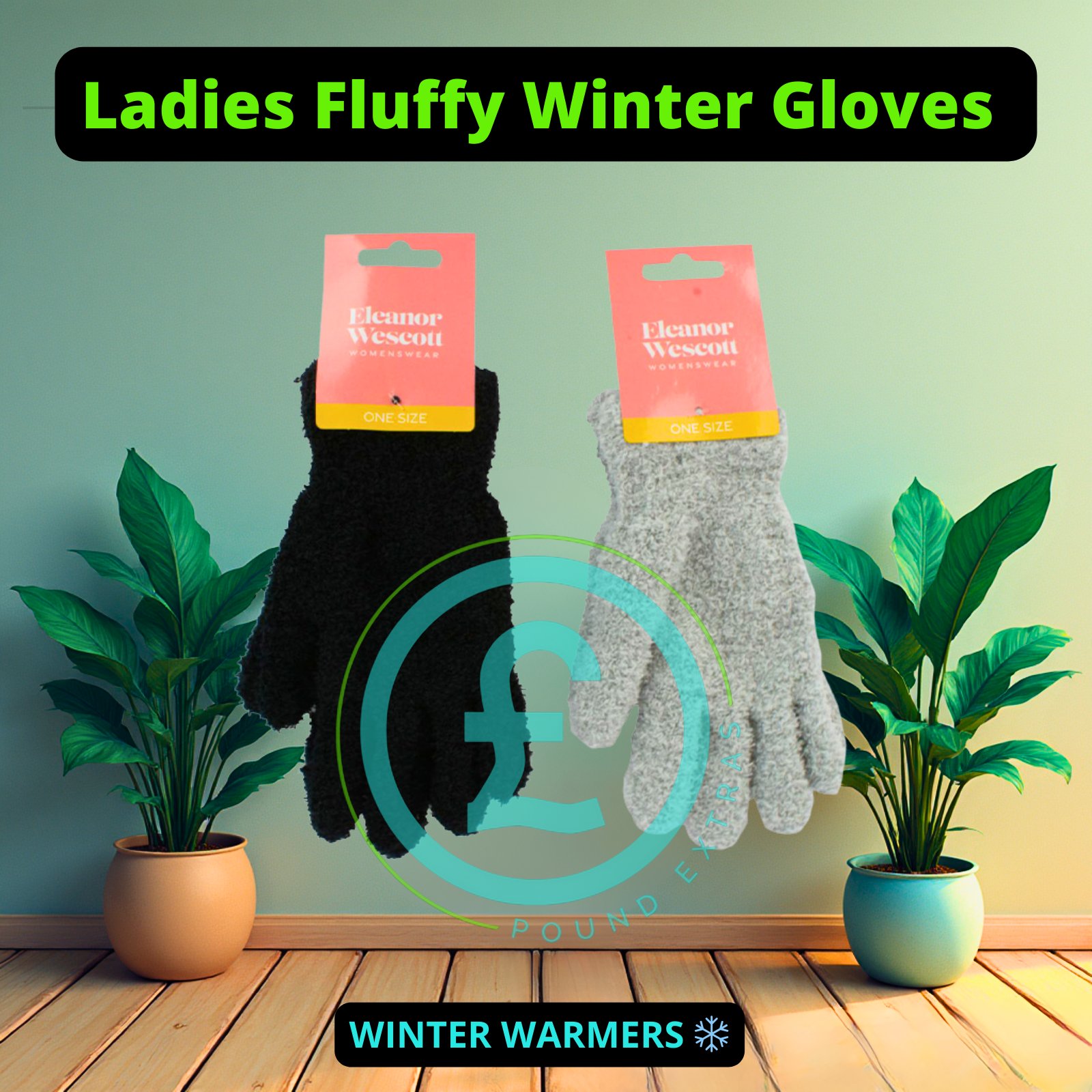 Two pairs of gloves on hangers with 'Eleanor West' branding against a green wall with plants. poundextras.com