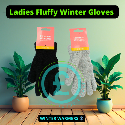 Two pairs of gloves on hangers with 'Eleanor West' branding against a green wall with plants. poundextras.com