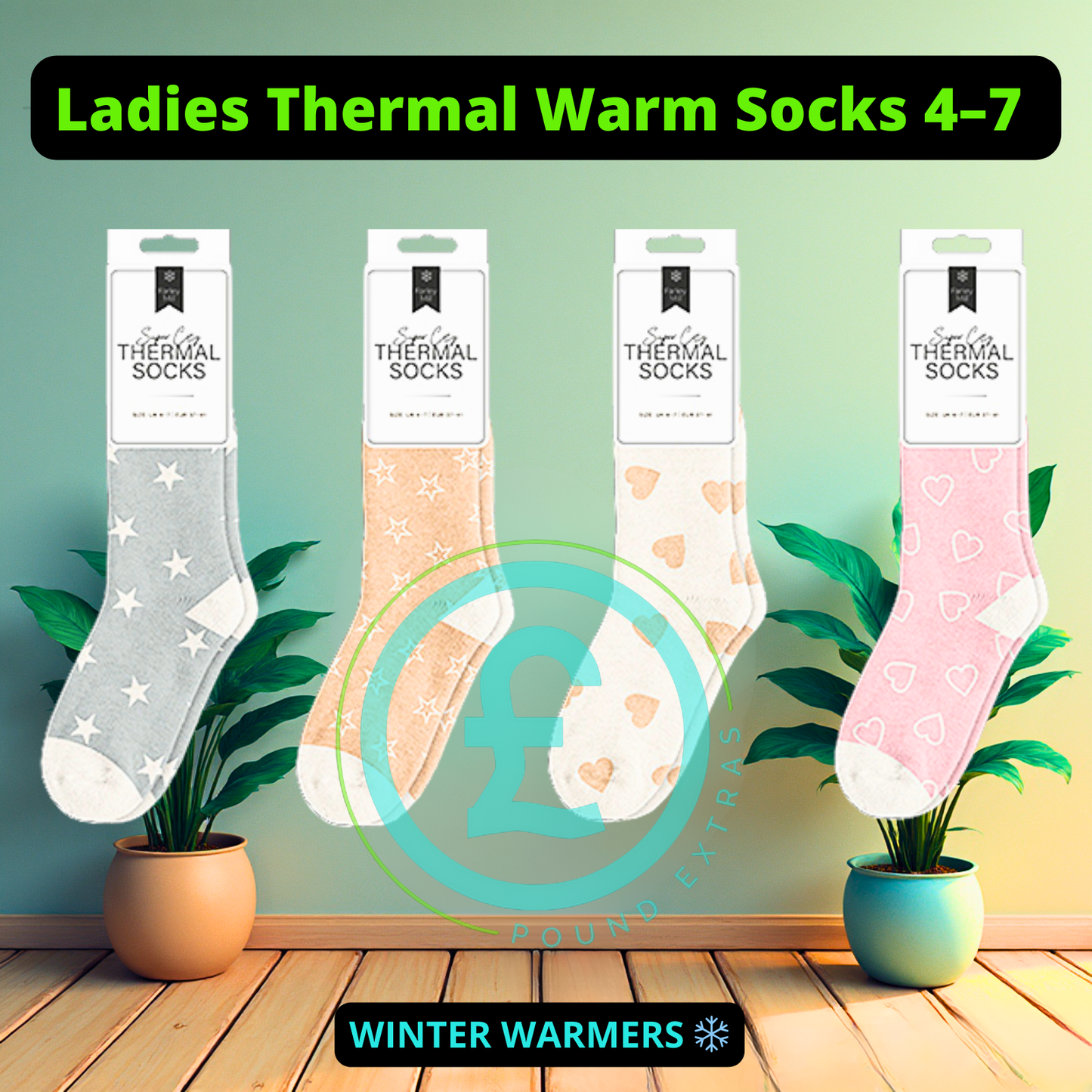 Four pairs of ladies thermal socks with packaging on a decorative background with plants. poundexras.com