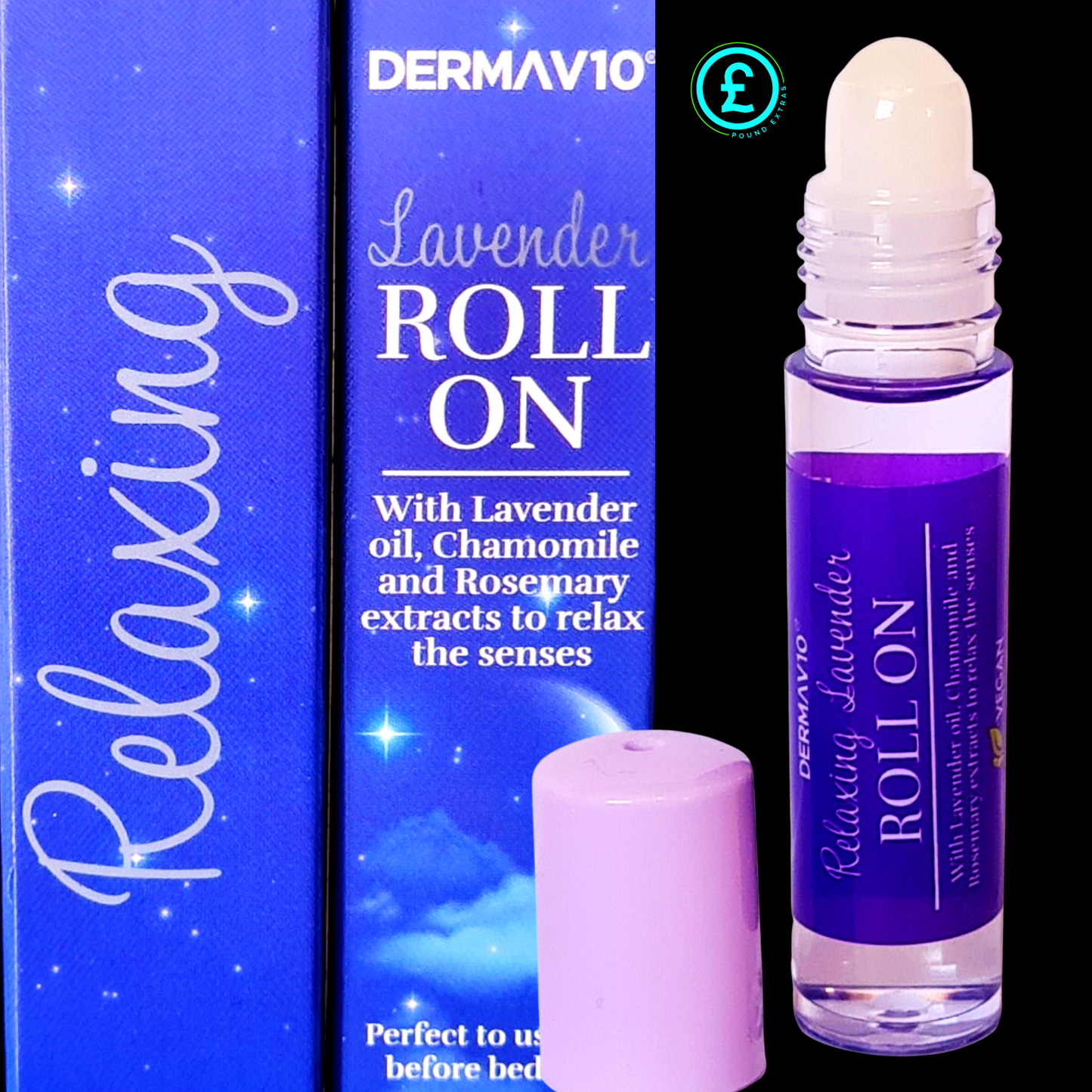 Dermavio Lavender Roll On with packaging and candle on a white background