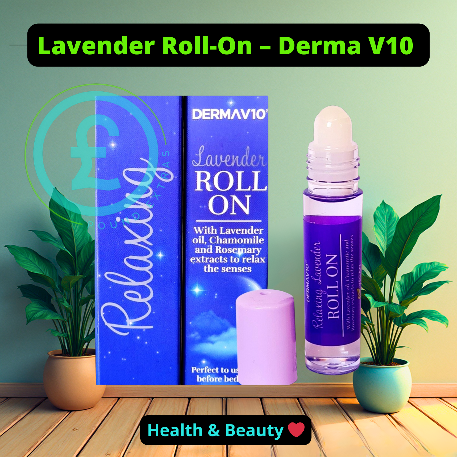 Lavender roll-on with packaging and a candle on a wooden surface with plants in the background. poundextras.com