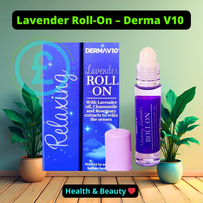 Lavender roll-on with packaging and a candle on a wooden surface with plants in the background. poundextras.com