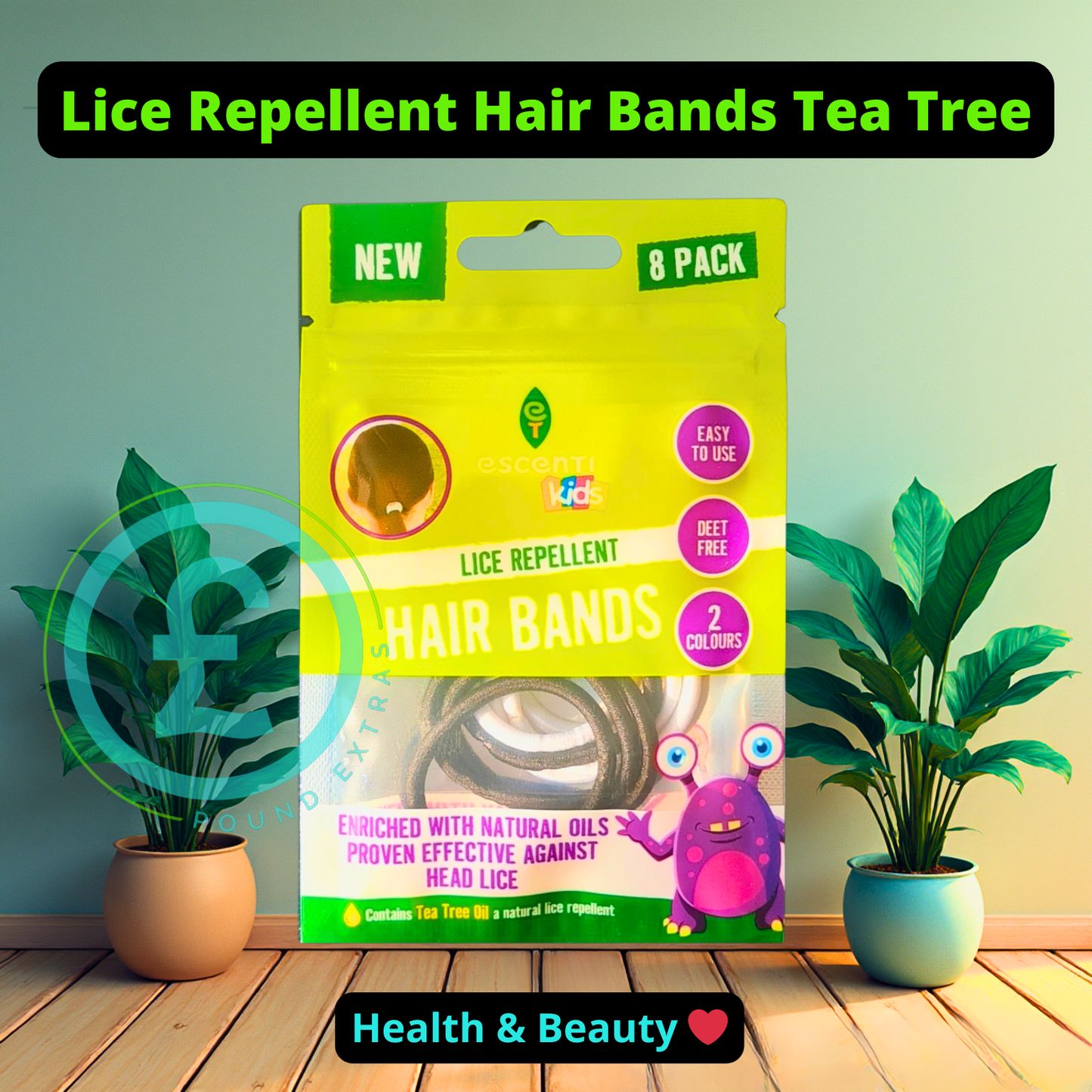Lice Repellent Hair Bands Tea Tree packaging with plants on a wooden floor. poundextras.com