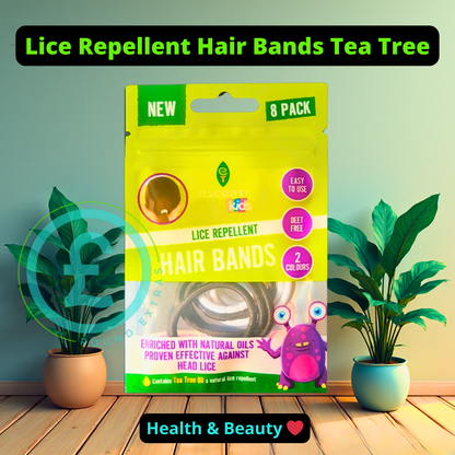 Lice Repellent Hair Bands Tea Tree packaging with plants on a wooden floor. poundextras.com