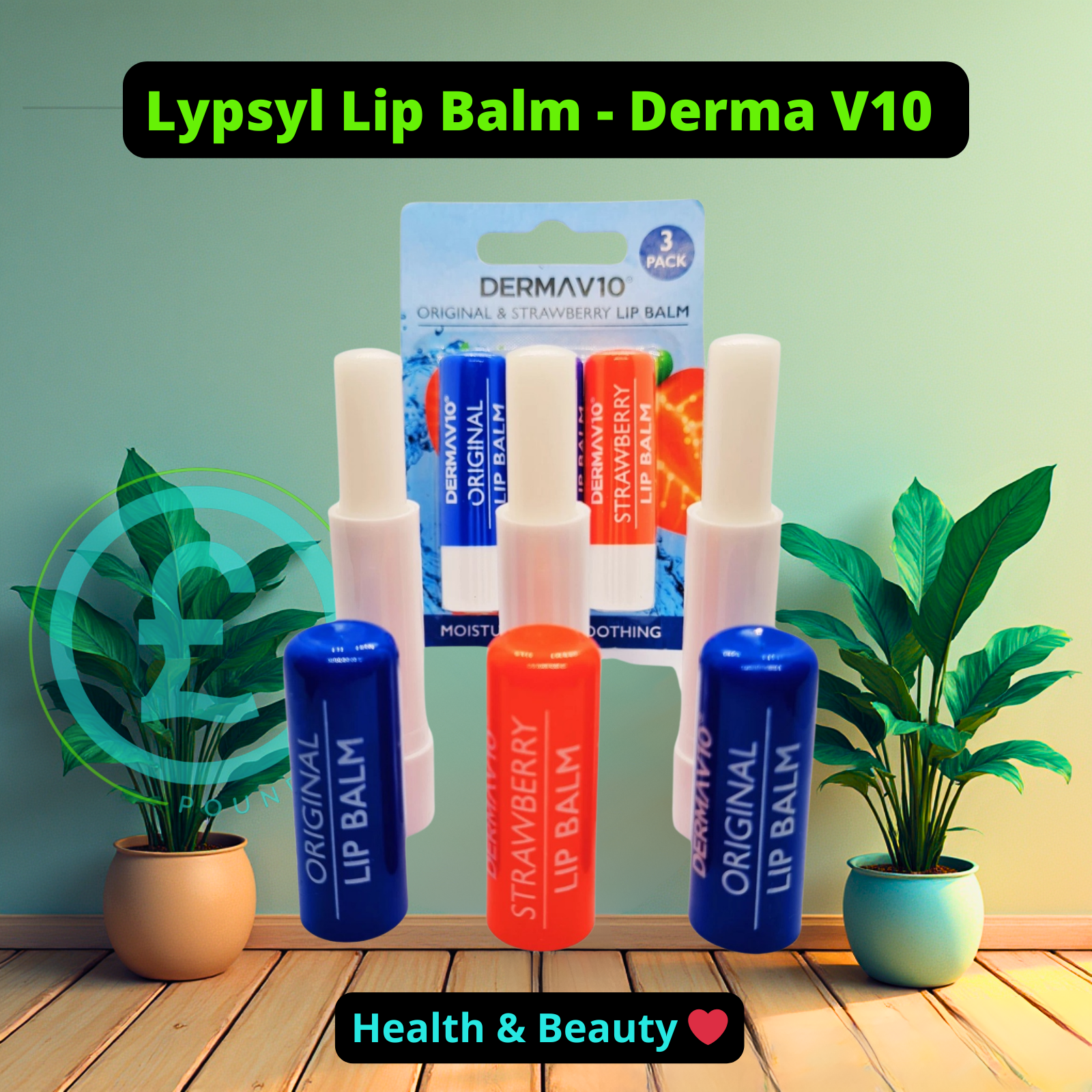 Lypsyn Lip Balm Derma V10 with packaging on a wooden surface with plants  poundextras.com