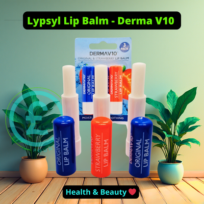 Lypsyn Lip Balm Derma V10 with packaging on a wooden surface with plants  poundextras.com