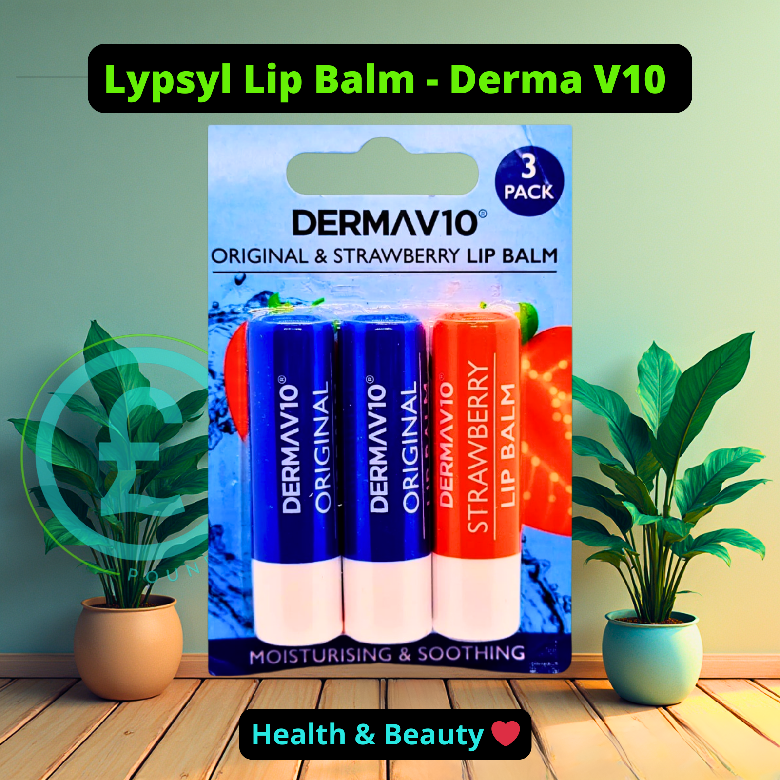 Packaging of Dermav10 lip balm with two lip balms in blue and red on a wooden floor with plants. poundextras.com