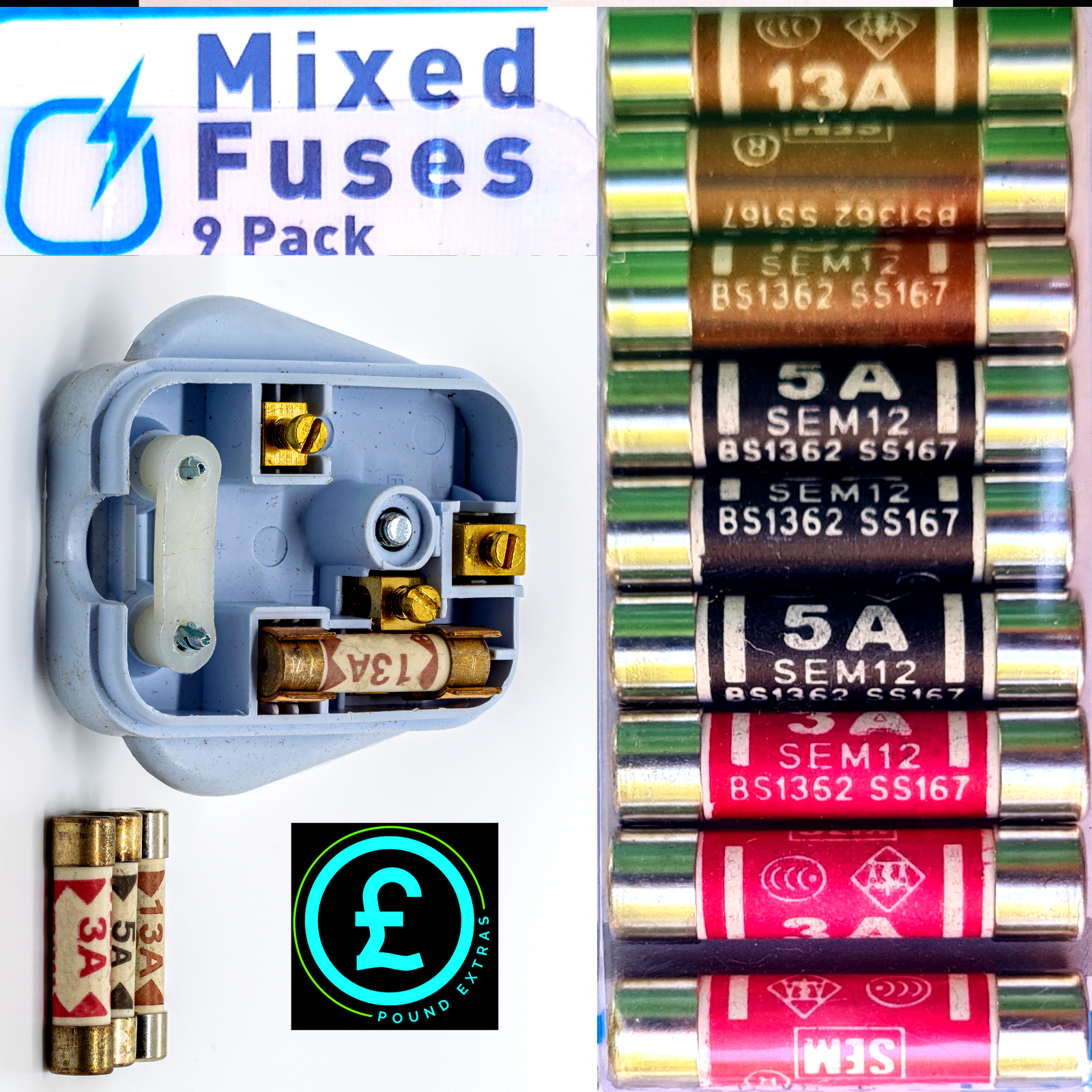 ❤️ POUND EXTRAS 😊 9 mixed plug fuses 💚 3A, 5A & 13A – ideal for power tools, appliances & DIY safety. Replace blown fuses quickly & stay powered!