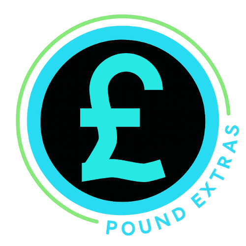 Logo with pound symbol and 'Pound Extras' text on a white background
