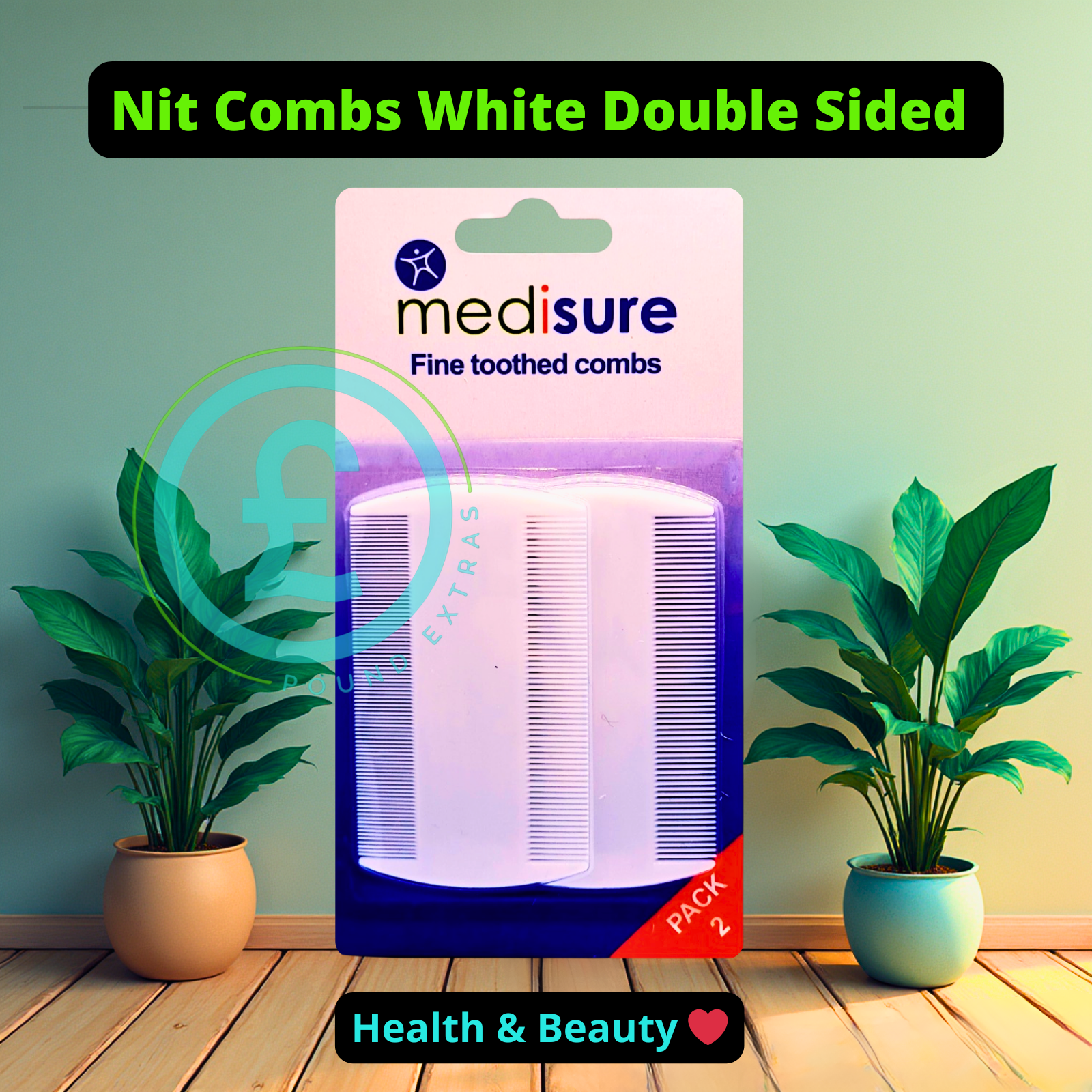 Medisure nit combs packaging with plants on a wooden floor and green wall background poundextras.com