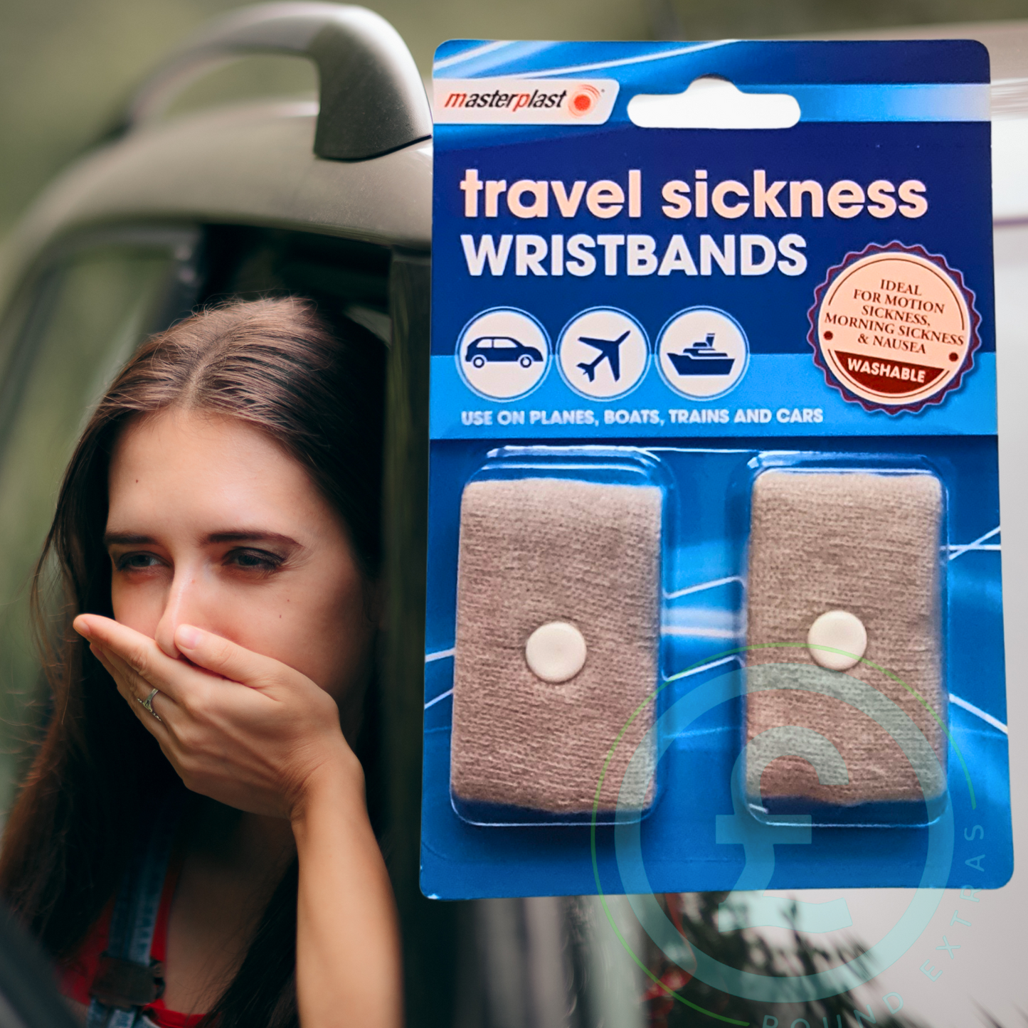 Woman with travel sickness symptoms next to a package of travel sickness wristbands.