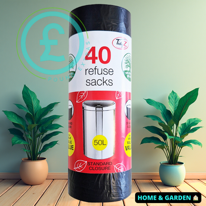 Roll of refuse sacks with a price tag symbol on a wooden floor with plants in the background poundextras.com