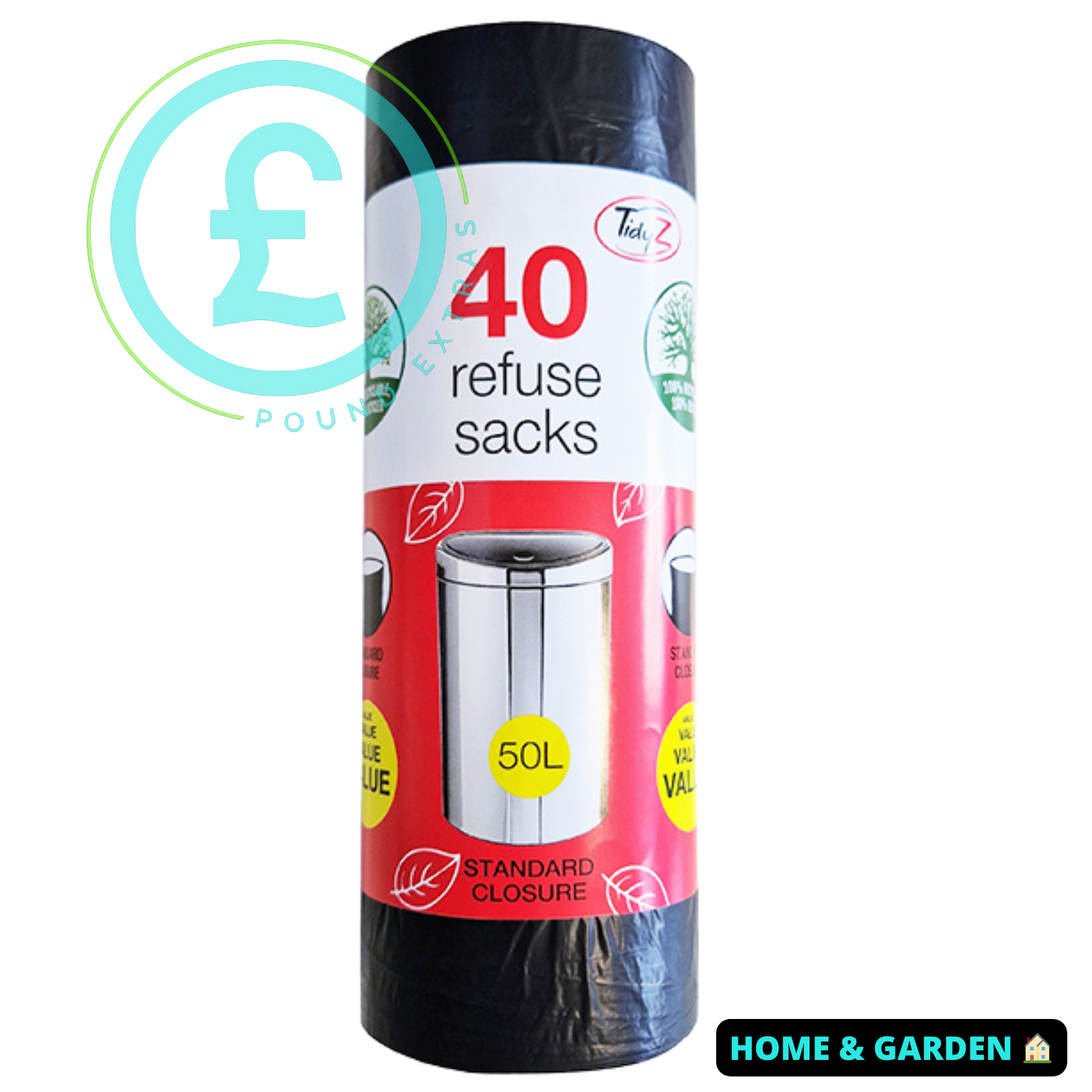 Pack of 40 refuse sacks with a price symbol and product details on a white background