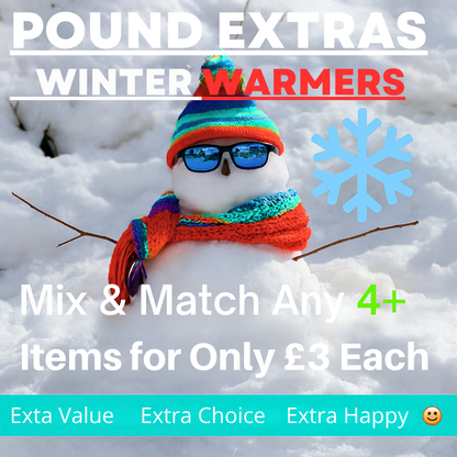 Snowman wearing sunglasses and a colorful hat with promotional text for Pound Extras winter warmers.