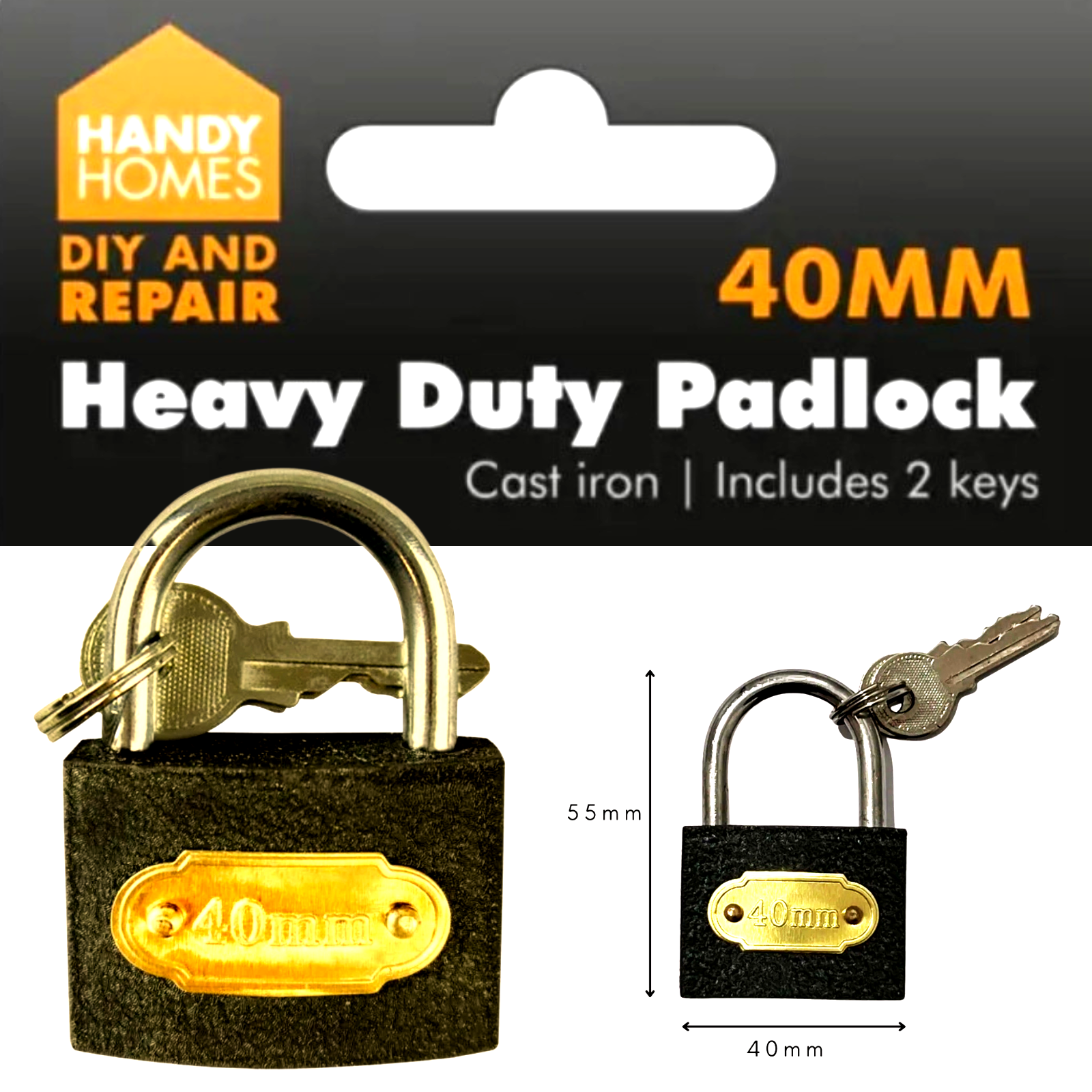 ❤️ POUND EXTRAS 😊 40 mm Heavy Duty Iron Padlock 💚 ideal for sheds, gates & storage – strong shackle, 2 keys included for everyday safety & security!