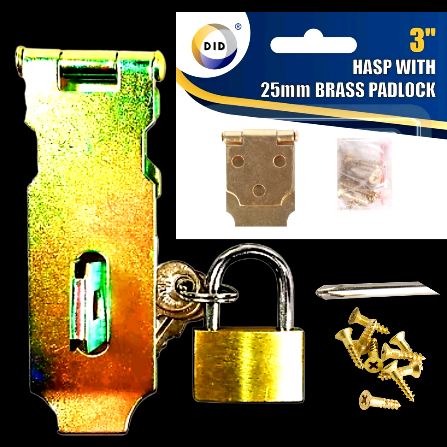 POUND EXTRAS 😊 25mm Brass Padlock & 3" Hasp 💚 secure sheds, drawers & storage – includes 2 keys, durable & easy to fit for everyday protection!
