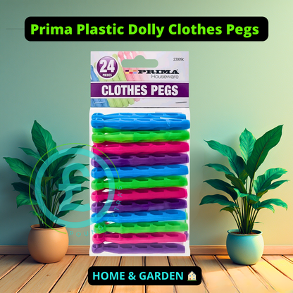 ❤️ POUND EXTRAS 😊 Prima plastic dolly clothes pegs 🏠 24 pack strong, durable pegs in assorted colours. Rust-free design ideal for indoor & outdoor laundry.