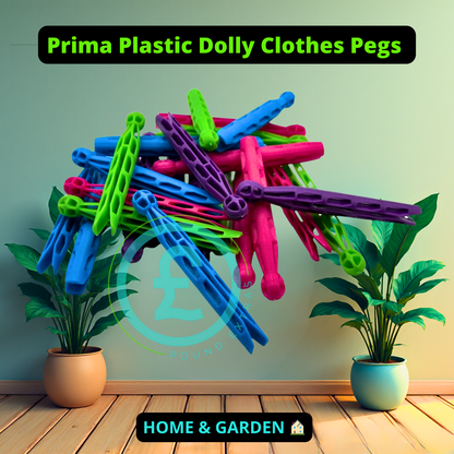 ❤️ POUND EXTRAS 😊 Prima plastic dolly clothes pegs 🏠 24 pack strong, durable pegs in assorted colours. Rust-free design ideal for indoor & outdoor laundry.