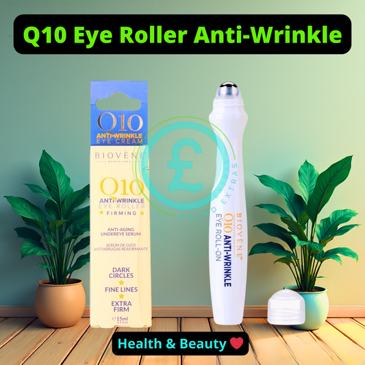 Q10 Eye Roller Anti-Wrinkle product with packaging on a wooden floor with plants poundextras.com