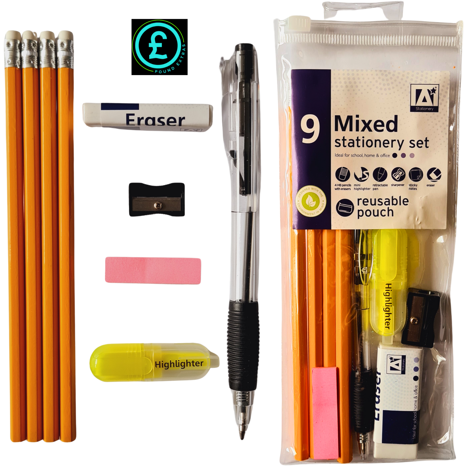 Collection of stationery items including pencils, eraser, highlighter, and a mixed stationery set with a reusable pouch.