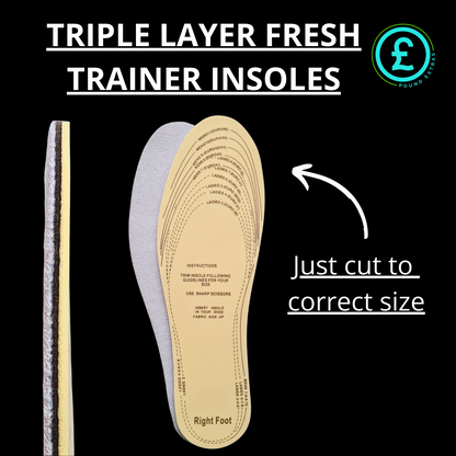 Triple layer fresh trainer insoles with instructions on a black background