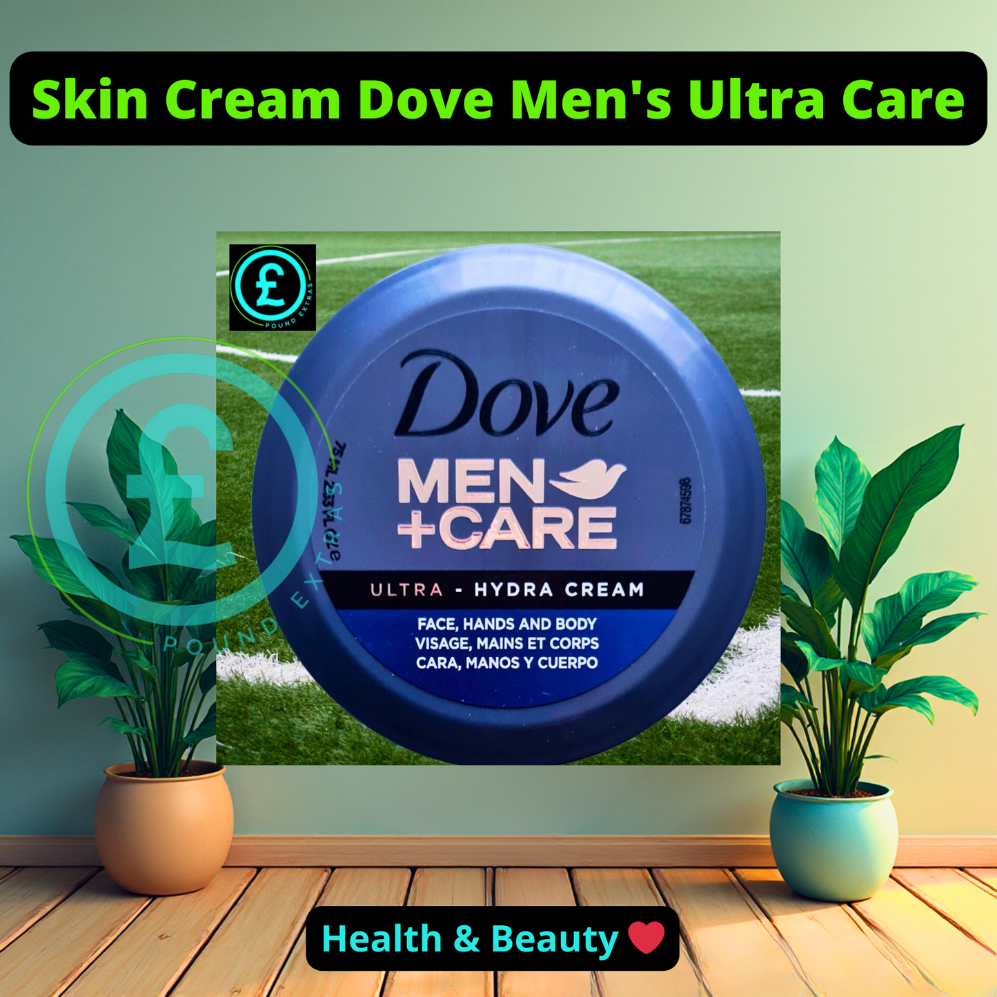 Dove Men+Care Ultra Hydra Cream jar with plants and a sports field background