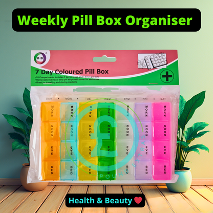 Weekly pill box organizer with colorful compartments in packaging on a wooden surface. poundextras.com